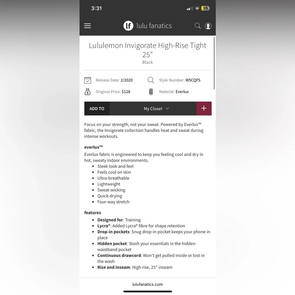 Lululemon Invigorate Black High Rise‎ Tight 25” Size 4 - Picture 2 of 7